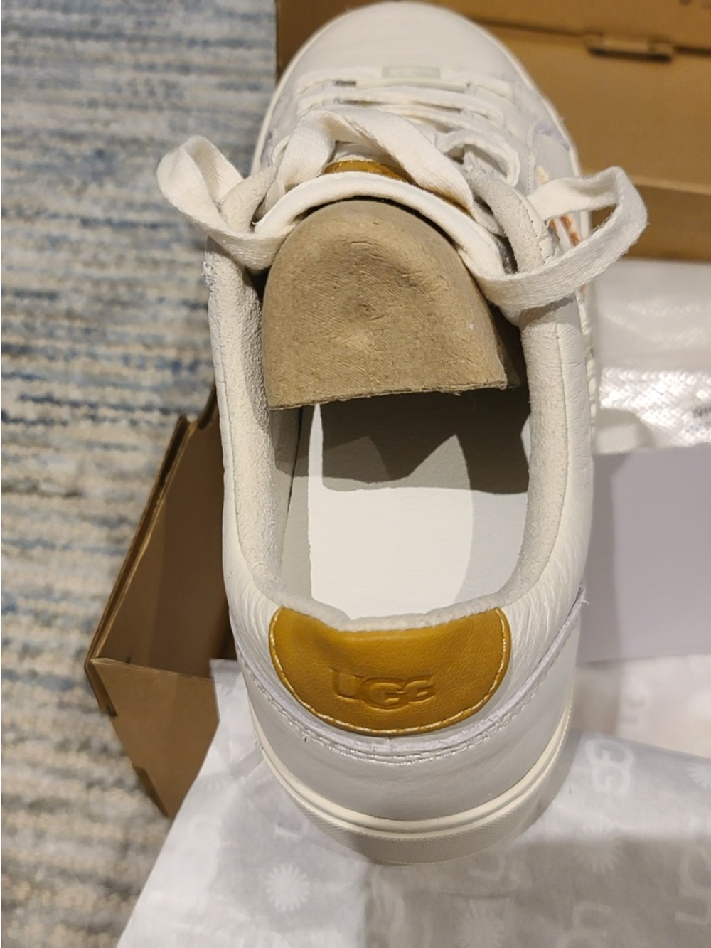 UGG White Leather Sneakers with Tan Cowhide Panels - Picture 4 of 6